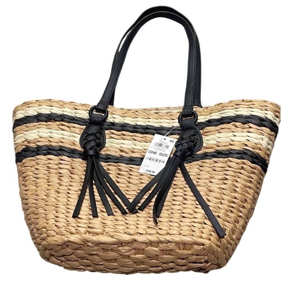 Style & Co $99 Large Straw Tote Black Faux Leather Handles - Picture 2 of 10